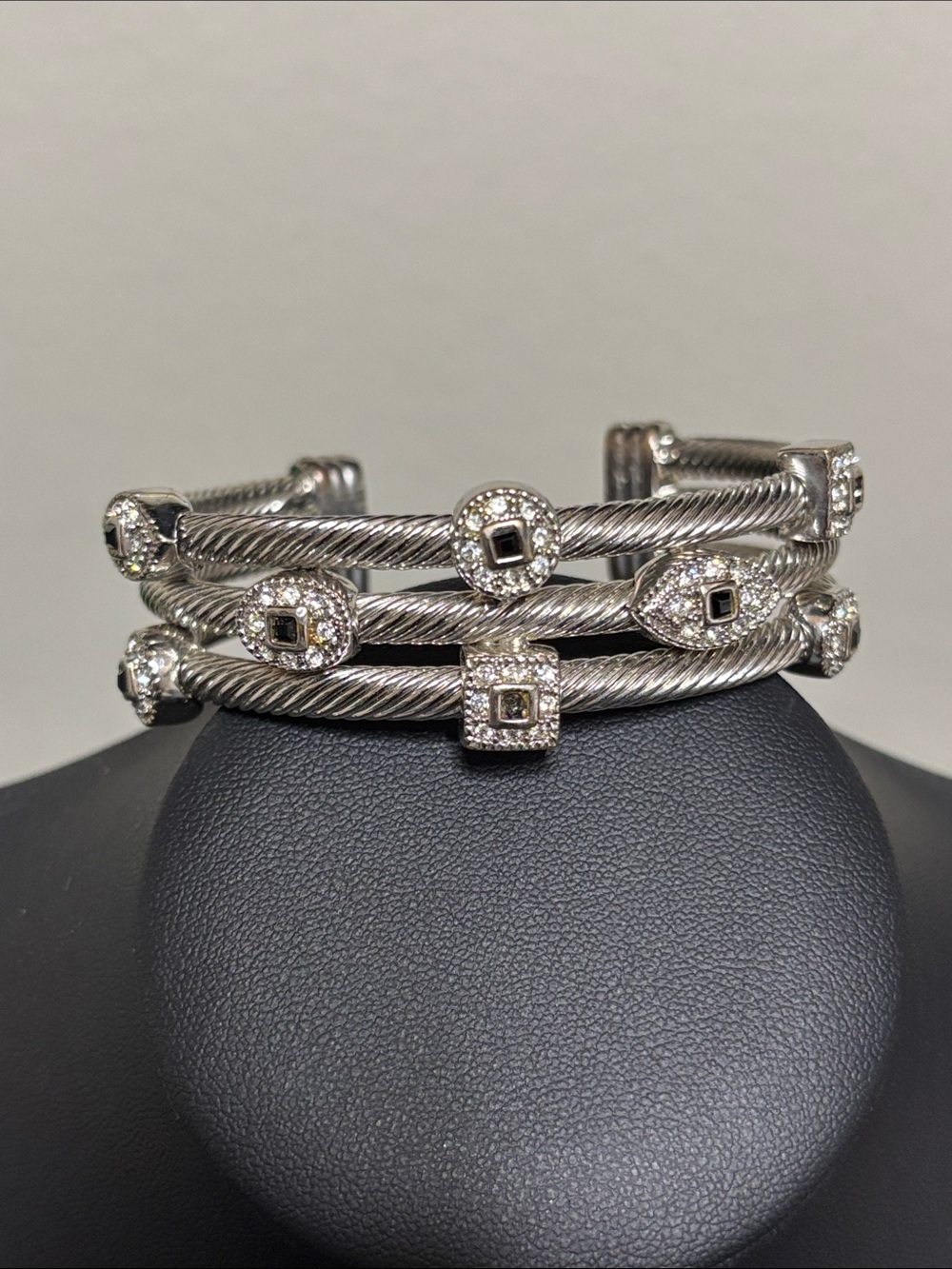 Luxury Stackable Silver-Tone Cable Cuff Bracelet Set with Black Stone Accents